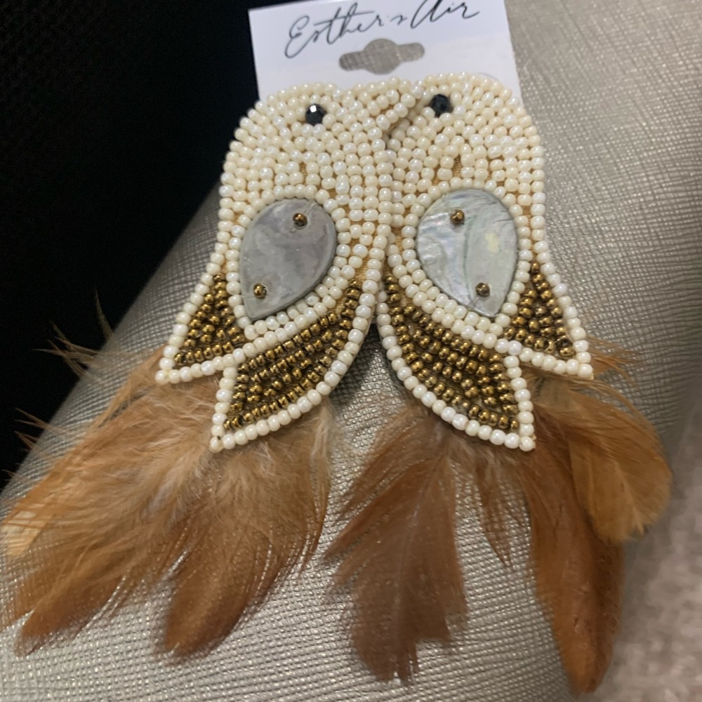 Beaded Bird Feather Statement Earrings Felt Back